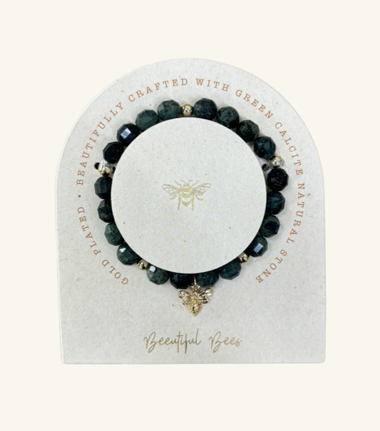 Green Calcite 8Mm Faceted Beaded Bracelet With Bee Charm