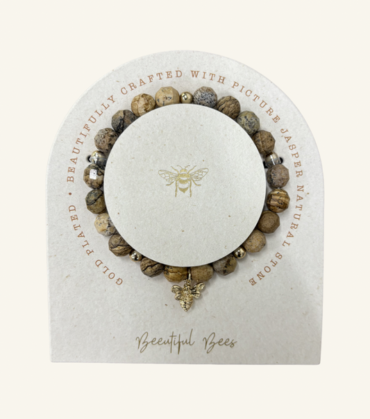 Picture Jasper 8Mm Faceted Beaded Bracelet With Bee Charm