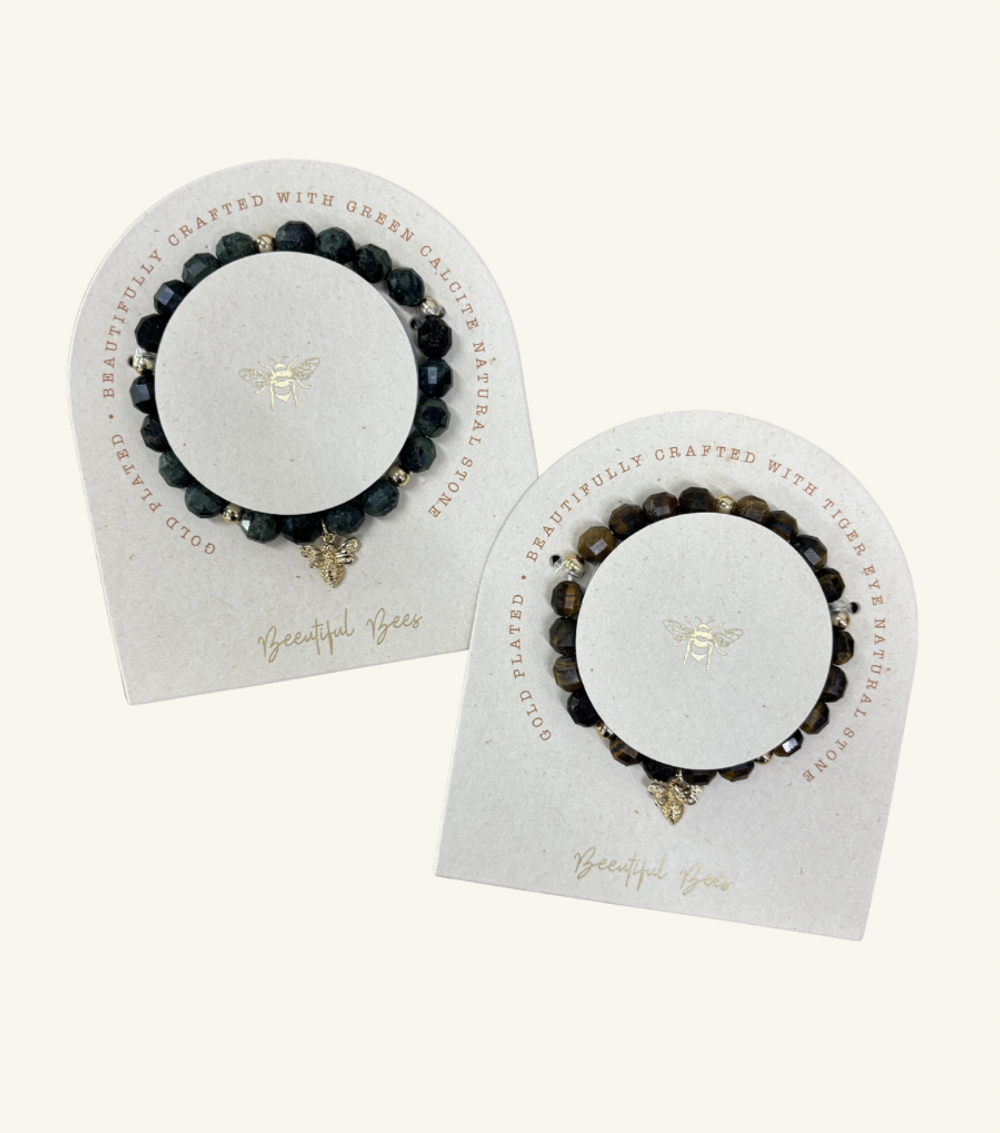 Picture Jasper 8Mm Faceted Beaded Bracelet With Bee Charm