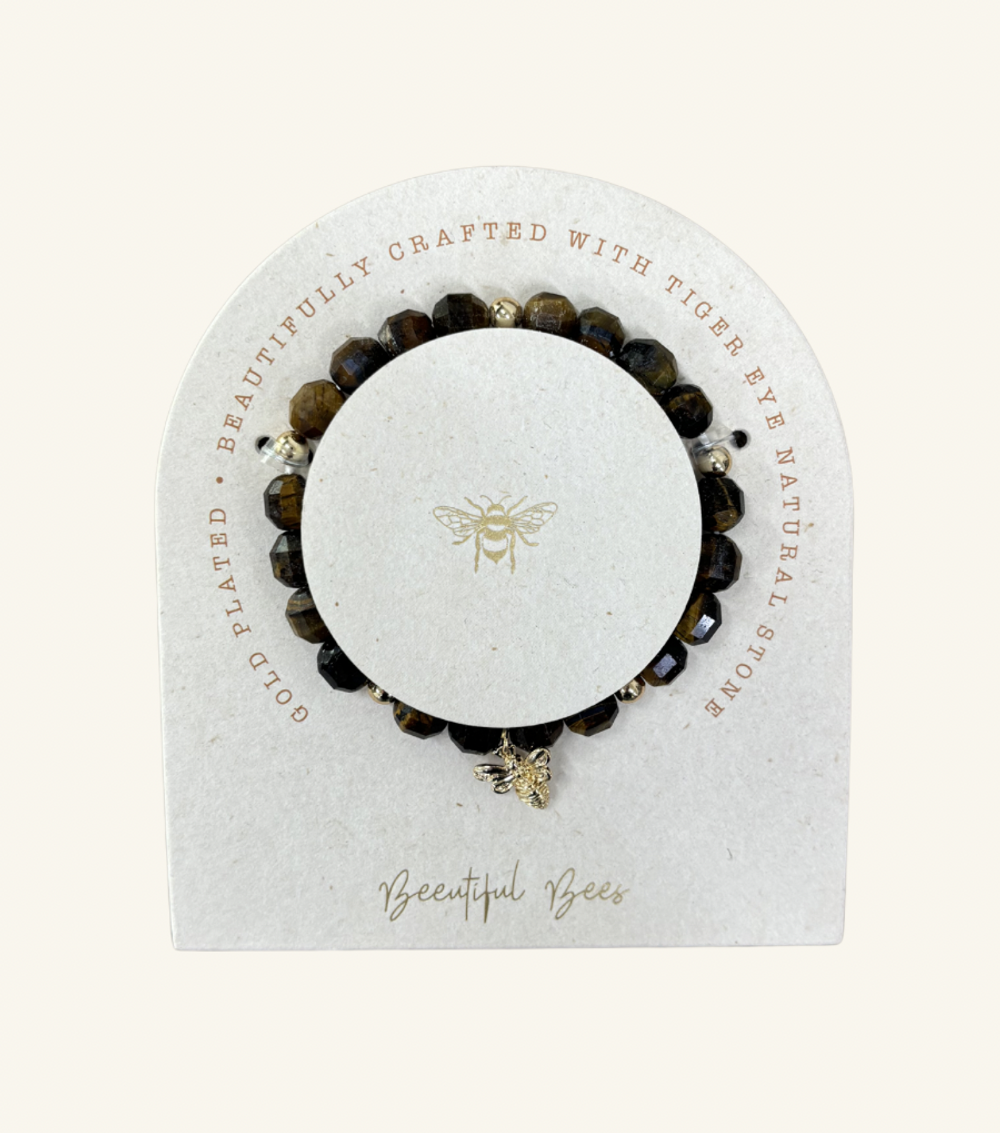 Tiger Eye 8Mm Faceted Beaded Bracelet With Bee Charm