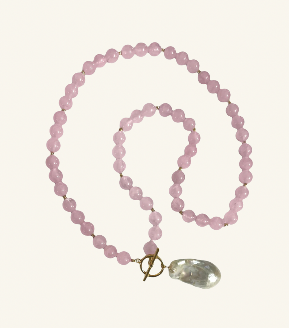 Lisa Pollock Rose Quartz Crystal Necklace With Genuine Baroque Pearl In Case