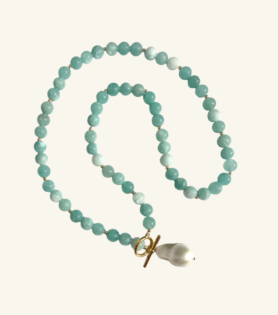 Lisa Pollock Aquamarine Crystal Necklace With Genuine Baroque Pearl In Case